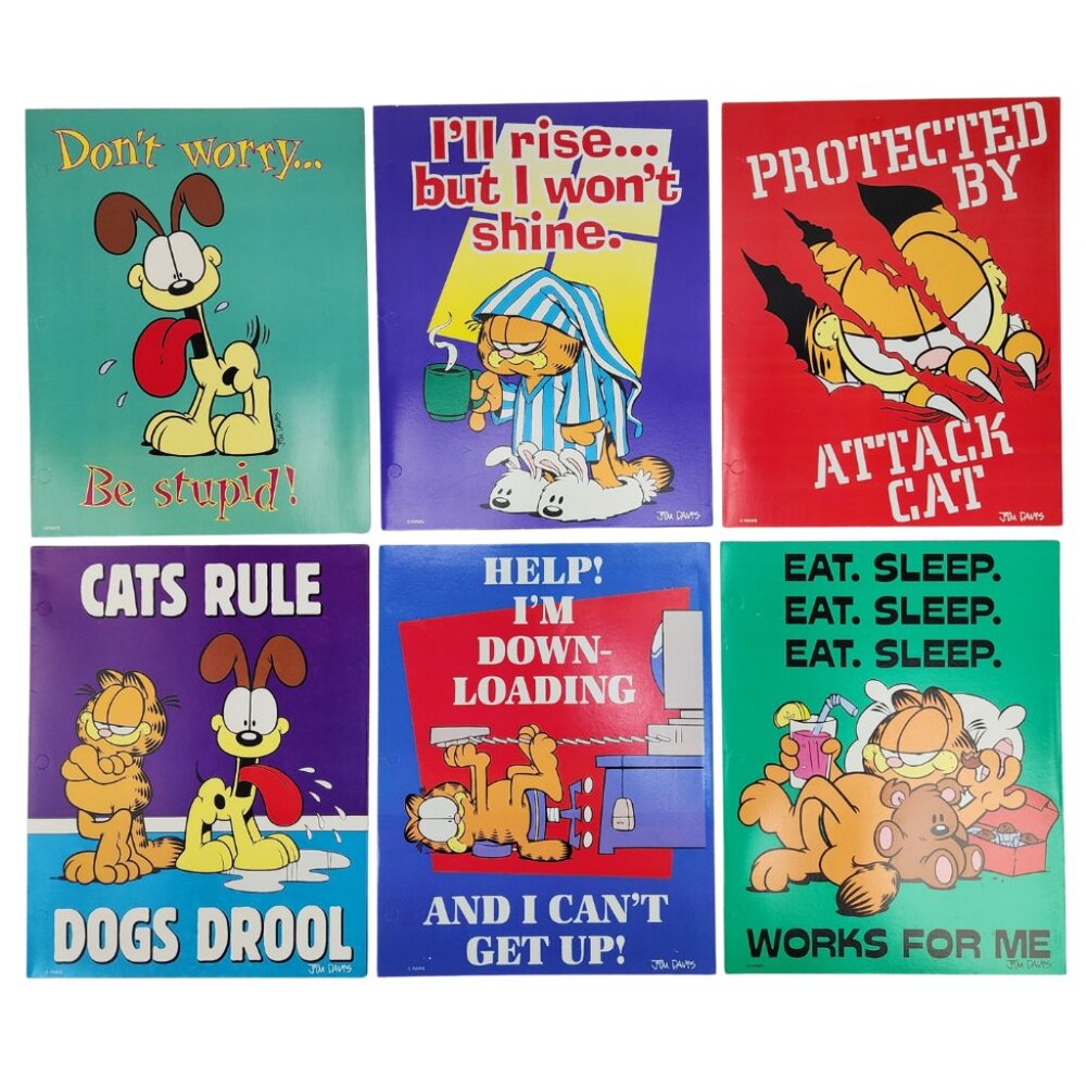 New Lot of 6 Vtg 1999 NOS Garfield Cat & Odie Dog School Binder Pocket Folders